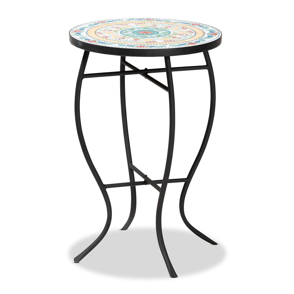 Baxton Studio Gaenor Modern and Contemporary Black Metal and Multi-Colored Ceramic Tile Plant Stand | Outdoor Tables | Modishstore