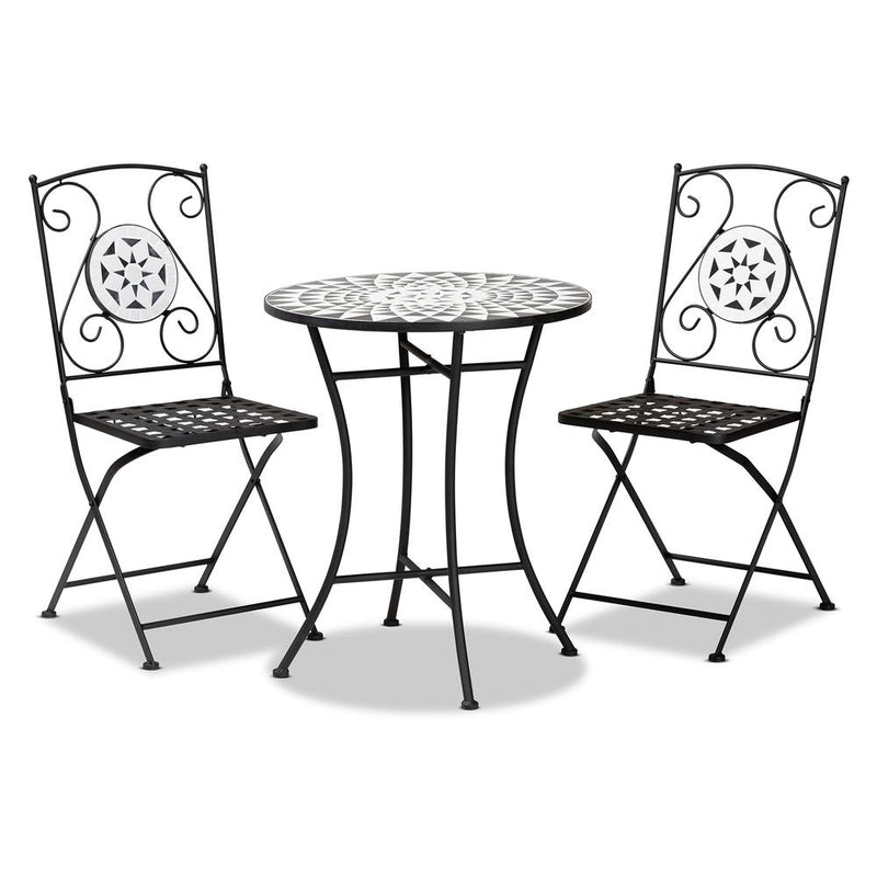 Baxton Studio Callison Modern and Contemporary Black Finished Metal and Multi-Colored Glass 3-Piece Outdoor Dining Set | Modishstore