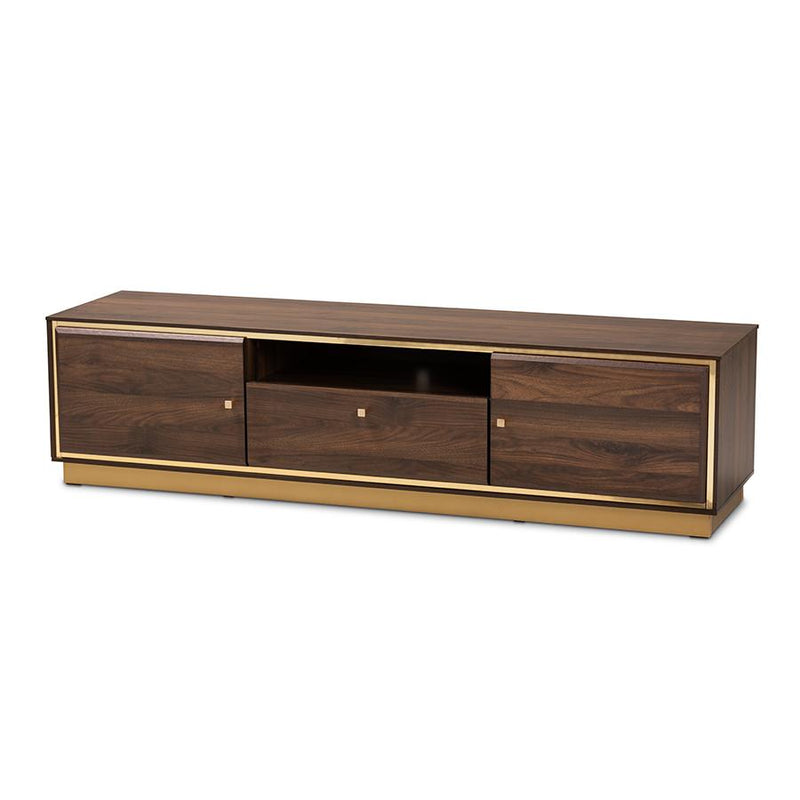 Baxton Studio Cormac Mid-Century Modern Transitional Walnut Brown Finished Wood and Gold Metal 2-Door TV Stand | TV Stands | Modishstore