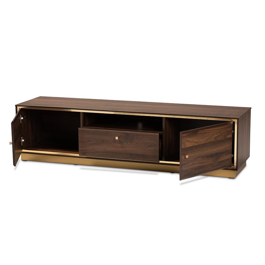 Baxton Studio Cormac Mid-Century Modern Transitional Walnut Brown Finished Wood and Gold Metal 2-Door TV Stand | TV Stands | Modishstore - 2