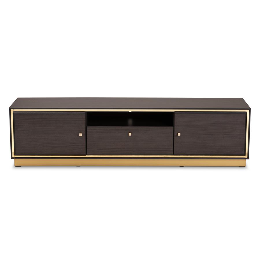 Baxton Studio Cormac Mid-Century Modern Transitional Dark Brown Finished Wood and Gold Metal 2-Door TV Stand | TV Stands | Modishstore - 3
