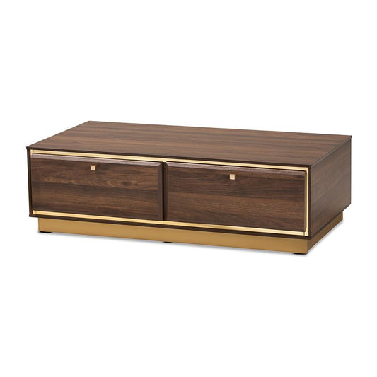 Baxton Studio Cormac Mid-Century Modern Transitional Walnut Brown Finished Wood and Gold Metal 2-Drawer Coffee Table | Coffee Tables | Modishstore