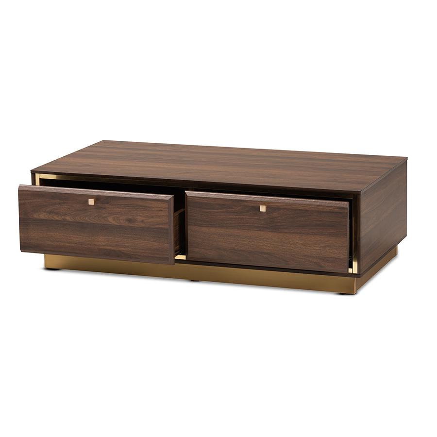 Baxton Studio Cormac Mid-Century Modern Transitional Walnut Brown Finished Wood and Gold Metal 2-Drawer Coffee Table | Coffee Tables | Modishstore - 2