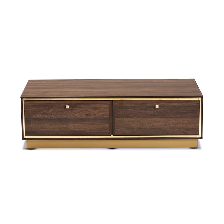 Baxton Studio Cormac Mid-Century Modern Transitional Walnut Brown Finished Wood and Gold Metal 2-Drawer Coffee Table | Coffee Tables | Modishstore - 3