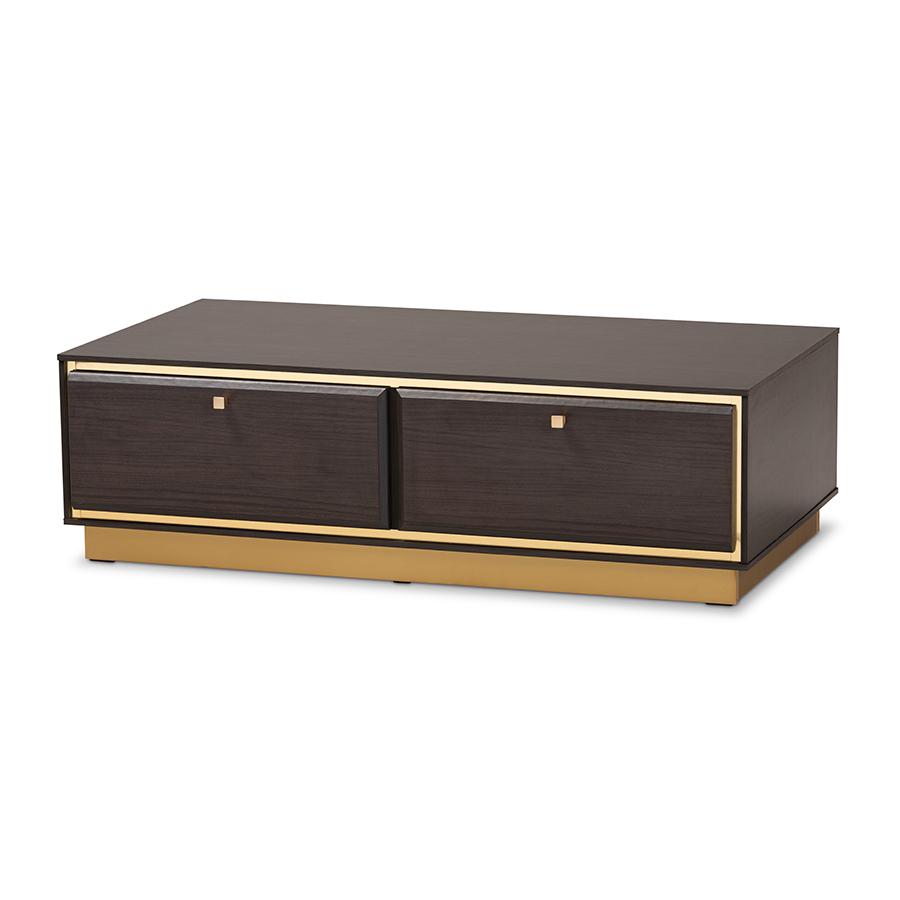 Baxton Studio Cormac Mid-Century Modern Transitional Dark Brown Finished Wood and Gold Metal 2-Drawer Coffee Table | Coffee Tables | Modishstore