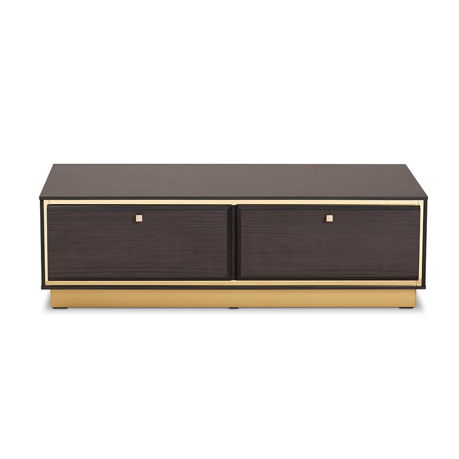 Baxton Studio Cormac Mid-Century Modern Transitional Dark Brown Finished Wood and Gold Metal 2-Drawer Coffee Table | Coffee Tables | Modishstore - 3