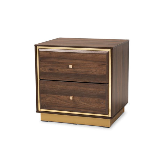 Baxton Studio Cormac Mid-Century Modern Transitional Walnut Brown Finished Wood and Gold Metal 2-Drawer Nightstand | Nightstands | Modishstore