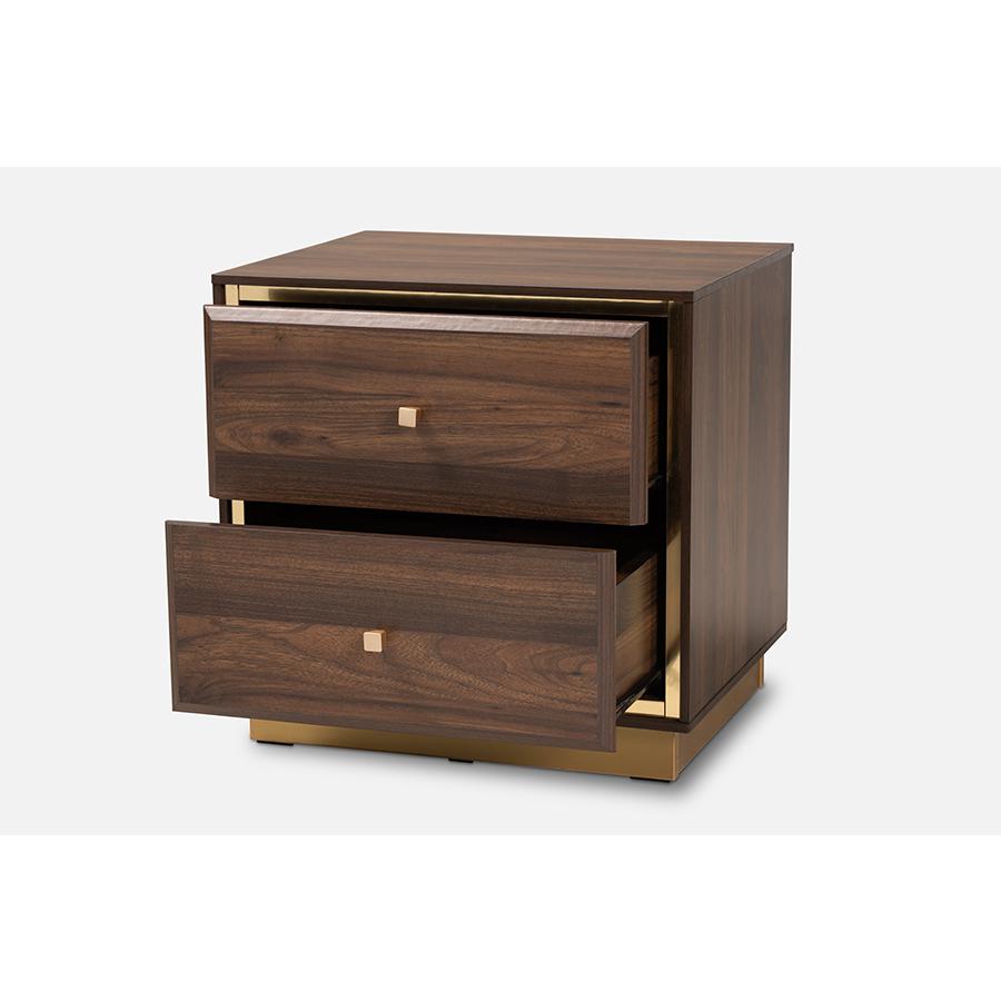 Baxton Studio Cormac Mid-Century Modern Transitional Walnut Brown Finished Wood and Gold Metal 2-Drawer Nightstand | Nightstands | Modishstore - 2