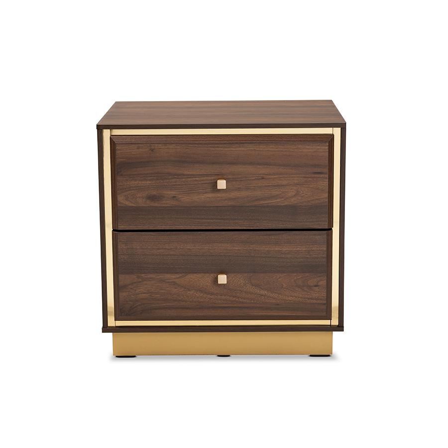 Baxton Studio Cormac Mid-Century Modern Transitional Walnut Brown Finished Wood and Gold Metal 2-Drawer Nightstand | Nightstands | Modishstore - 3