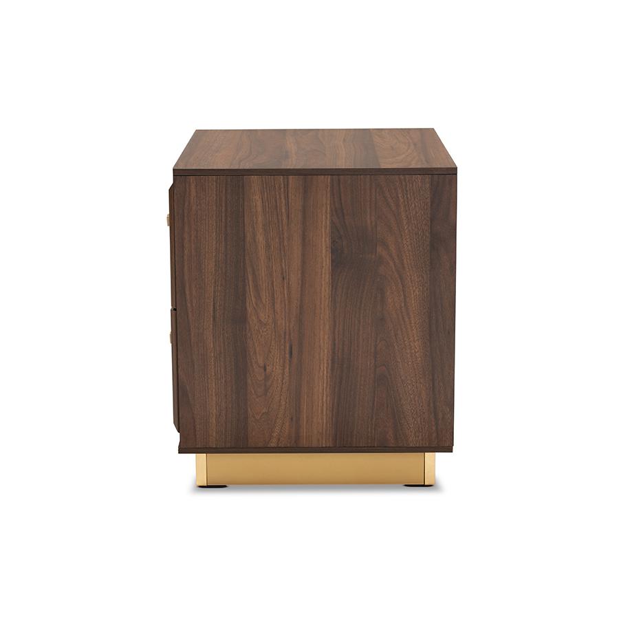 Baxton Studio Cormac Mid-Century Modern Transitional Walnut Brown Finished Wood and Gold Metal 2-Drawer Nightstand | Nightstands | Modishstore - 4