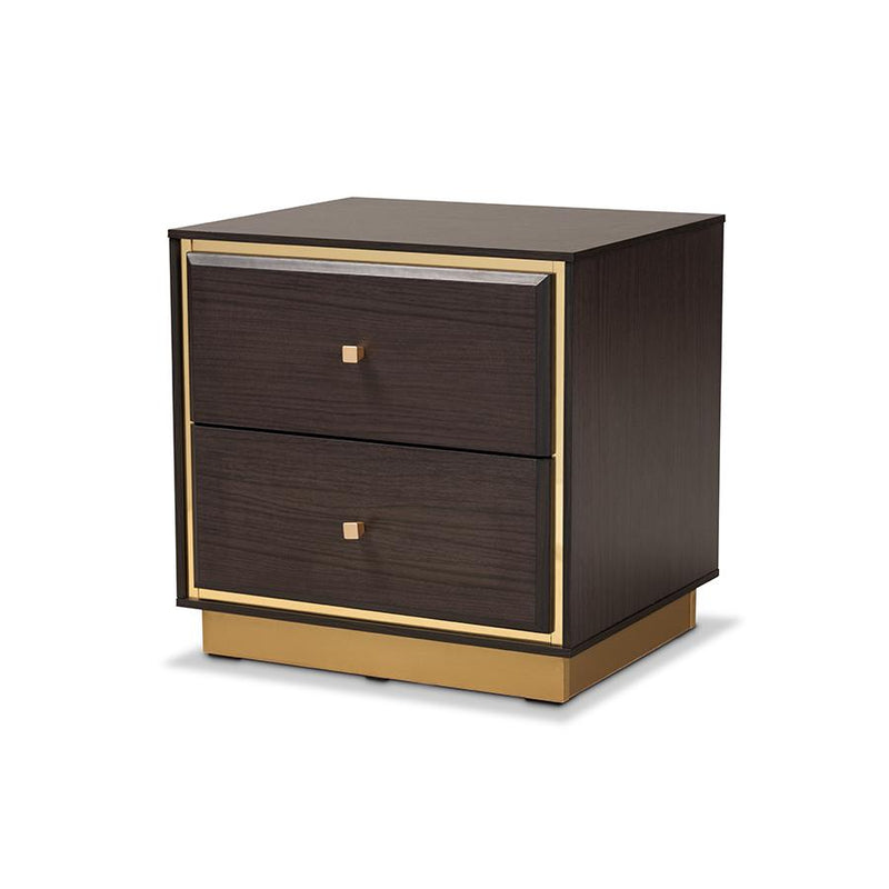 Baxton Studio Cormac Mid-Century Modern Transitional Dark Brown Finished Wood and Gold Metal 2-Drawer Nightstand | Nightstands | Modishstore