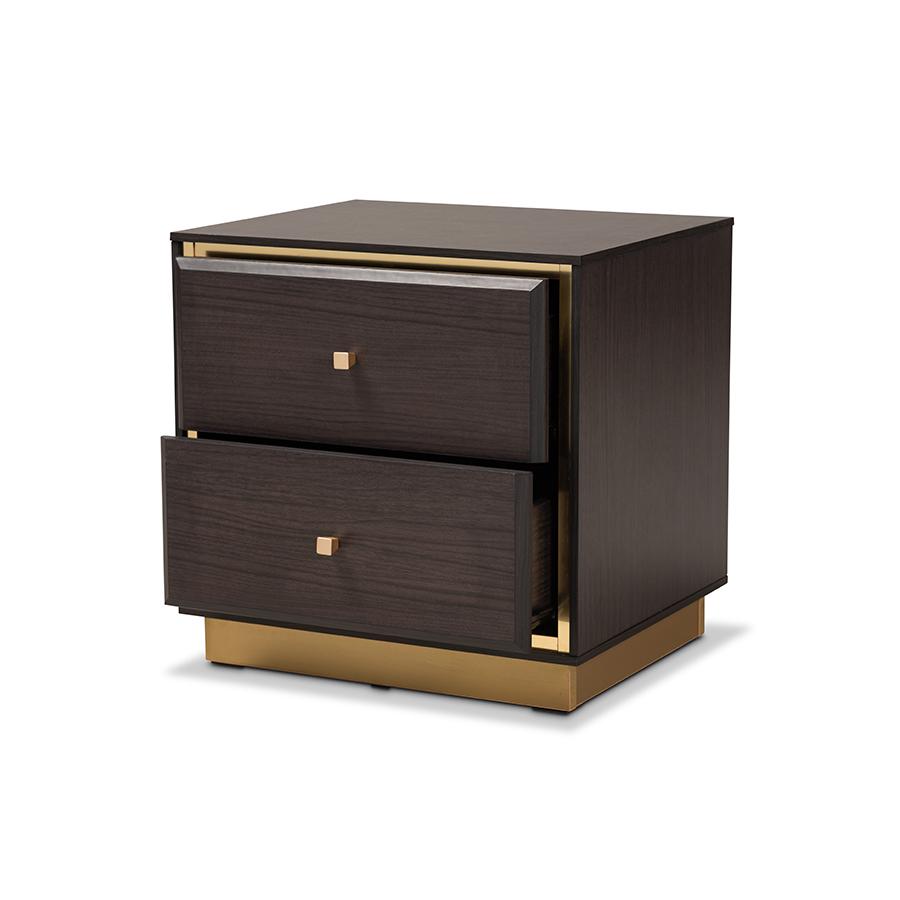 Baxton Studio Cormac Mid-Century Modern Transitional Dark Brown Finished Wood and Gold Metal 2-Drawer Nightstand | Nightstands | Modishstore - 2
