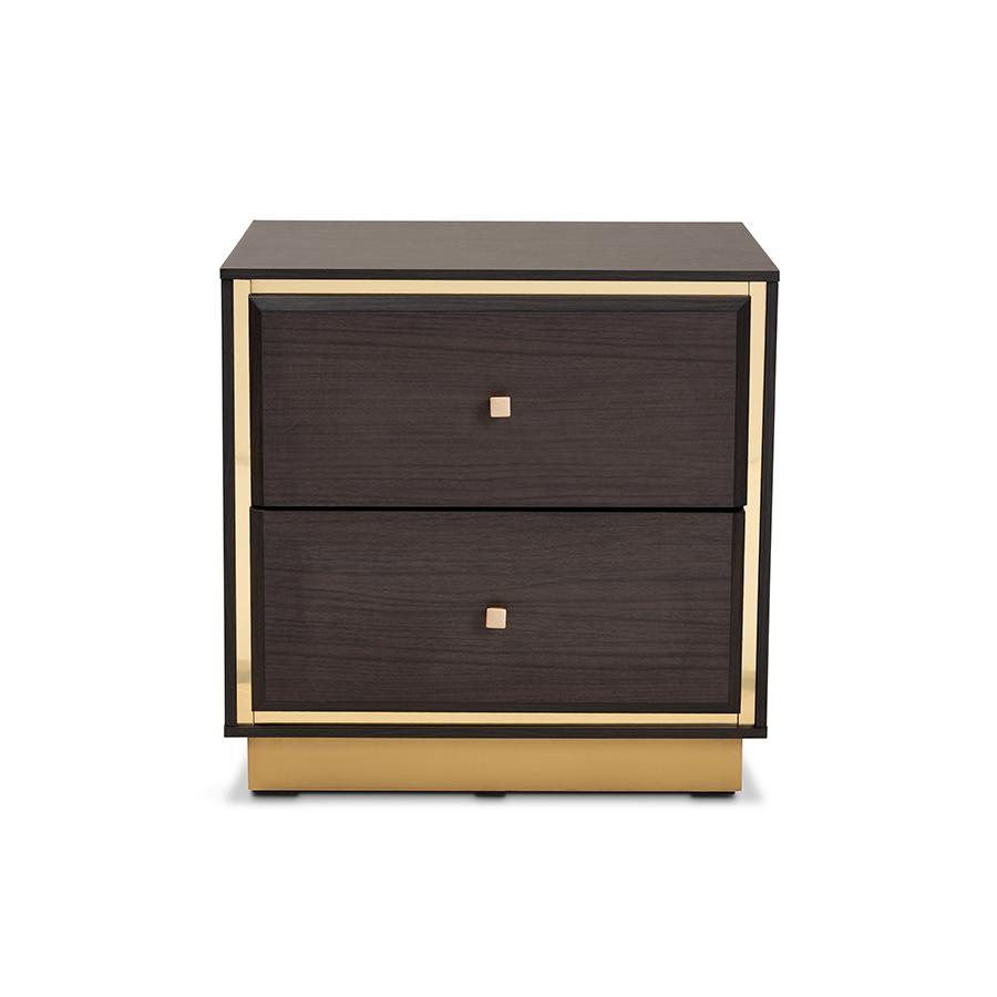 Baxton Studio Cormac Mid-Century Modern Transitional Dark Brown Finished Wood and Gold Metal 2-Drawer Nightstand | Nightstands | Modishstore - 3