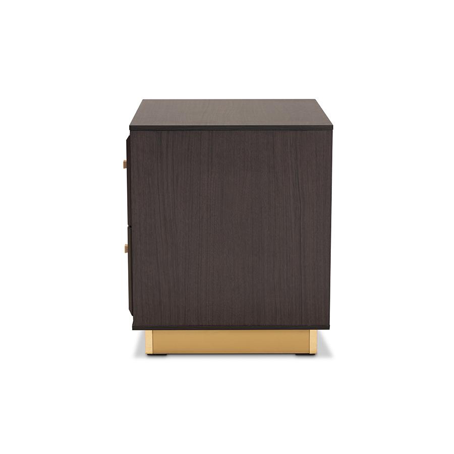 Baxton Studio Cormac Mid-Century Modern Transitional Dark Brown Finished Wood and Gold Metal 2-Drawer Nightstand | Nightstands | Modishstore - 4