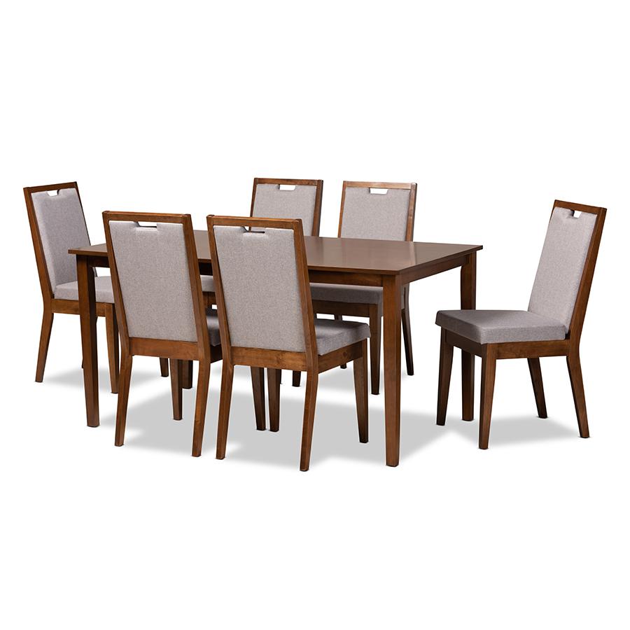 Baxton Studio Rosa Modern and Contemporary Grey Fabric Upholstered and Walnut Brown Finished Wood 7-Piece Dining Set | Dining Sets | Modishstore - 2