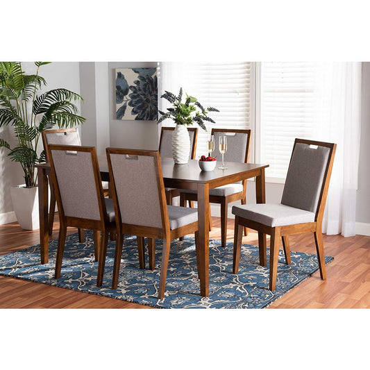Baxton Studio Rosa Modern and Contemporary Grey Fabric Upholstered and Walnut Brown Finished Wood 7-Piece Dining Set | Dining Sets | Modishstore