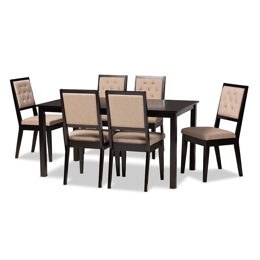 Baxton Studio Suvi Modern and Contemporary Sand Fabric Upholstered and Dark Brown Finished Wood 7-Piece Dining Set | Dining Sets | Modishstore - 2
