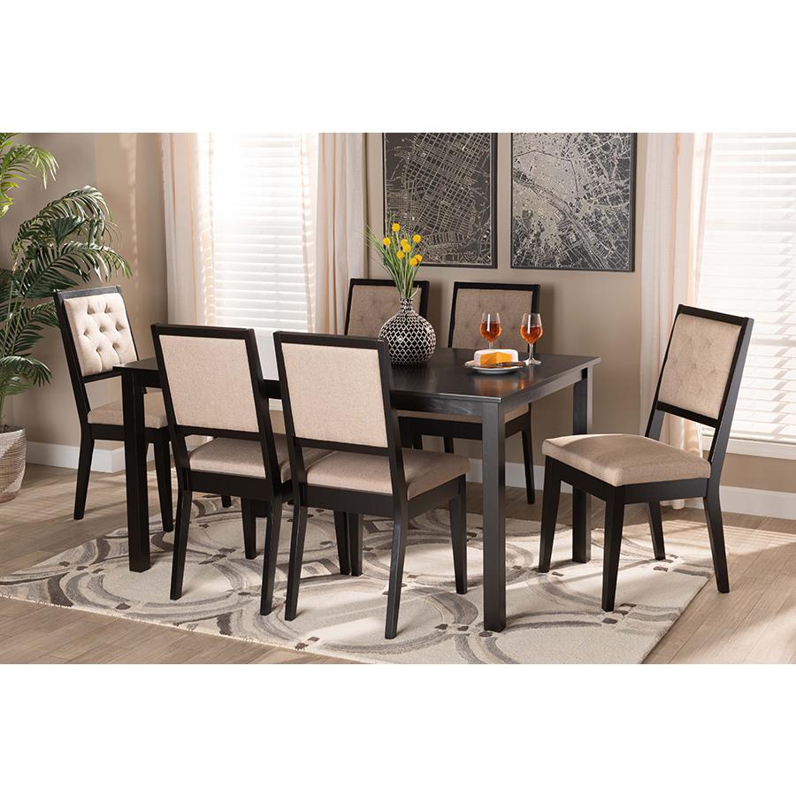 Baxton Studio Suvi Modern and Contemporary Sand Fabric Upholstered and Dark Brown Finished Wood 7-Piece Dining Set | Dining Sets | Modishstore