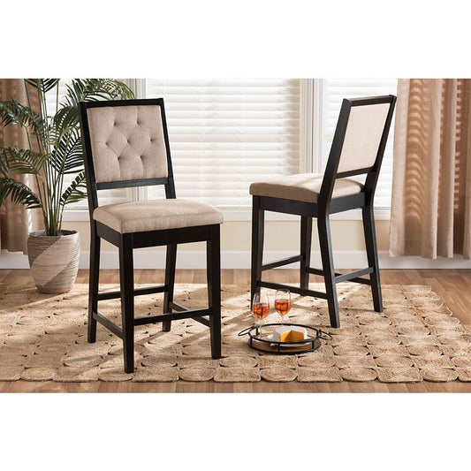 Baxton Studio Gideon Modern and Contemporary Sand Fabric Upholstered and Dark Brown Finished Wood 2-Piece Counter Stool Set | Counter Stools | Modishstore