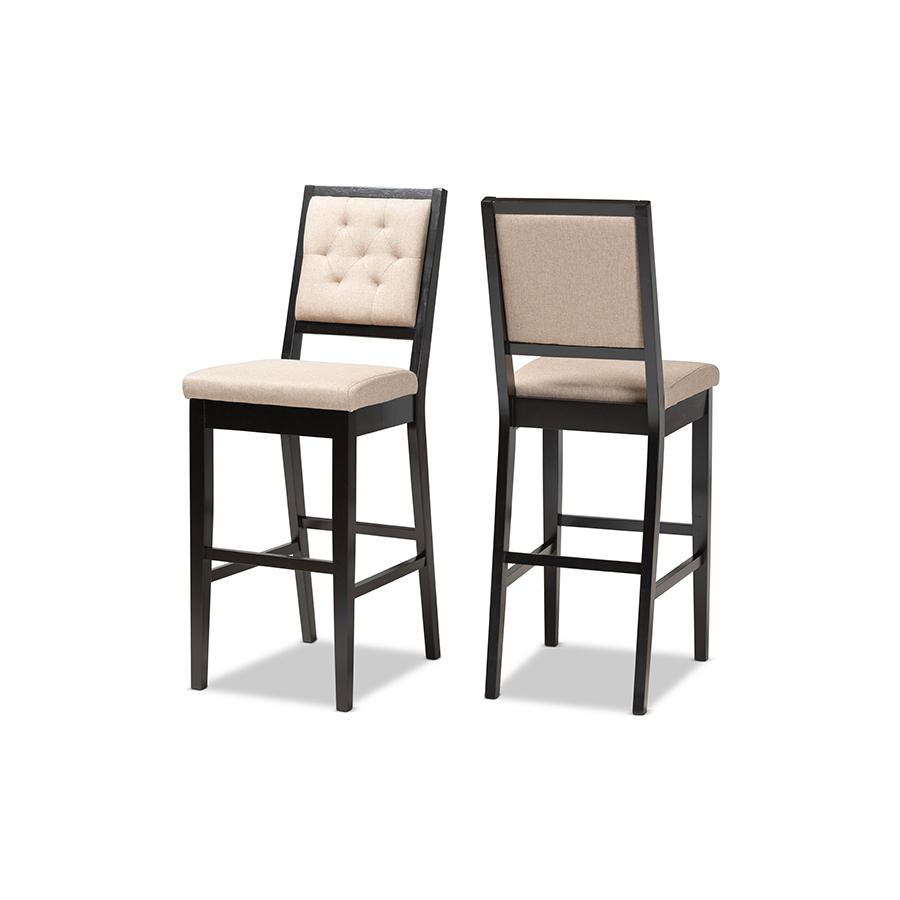 Baxton Studio Gideon Modern and Contemporary Sand Fabric Upholstered and Dark Brown Finished Wood 2-Piece Bar Stool Set | Bar Stools | Modishstore - 2