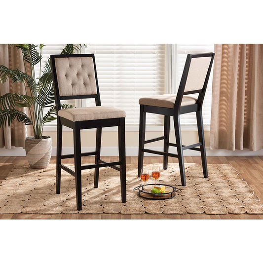 Baxton Studio Gideon Modern and Contemporary Sand Fabric Upholstered and Dark Brown Finished Wood 2-Piece Bar Stool Set | Bar Stools | Modishstore