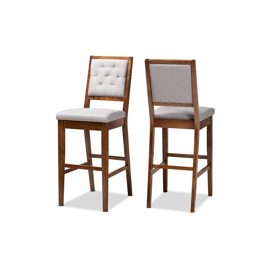 Baxton Studio Gideon Modern and Contemporary Grey Fabric Upholstered and Walnut Brown Finished Wood 2-Piece Bar Stool Set | Bar Stools | Modishstore - 2