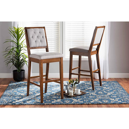 Baxton Studio Gideon Modern and Contemporary Grey Fabric Upholstered and Walnut Brown Finished Wood 2-Piece Bar Stool Set | Bar Stools | Modishstore