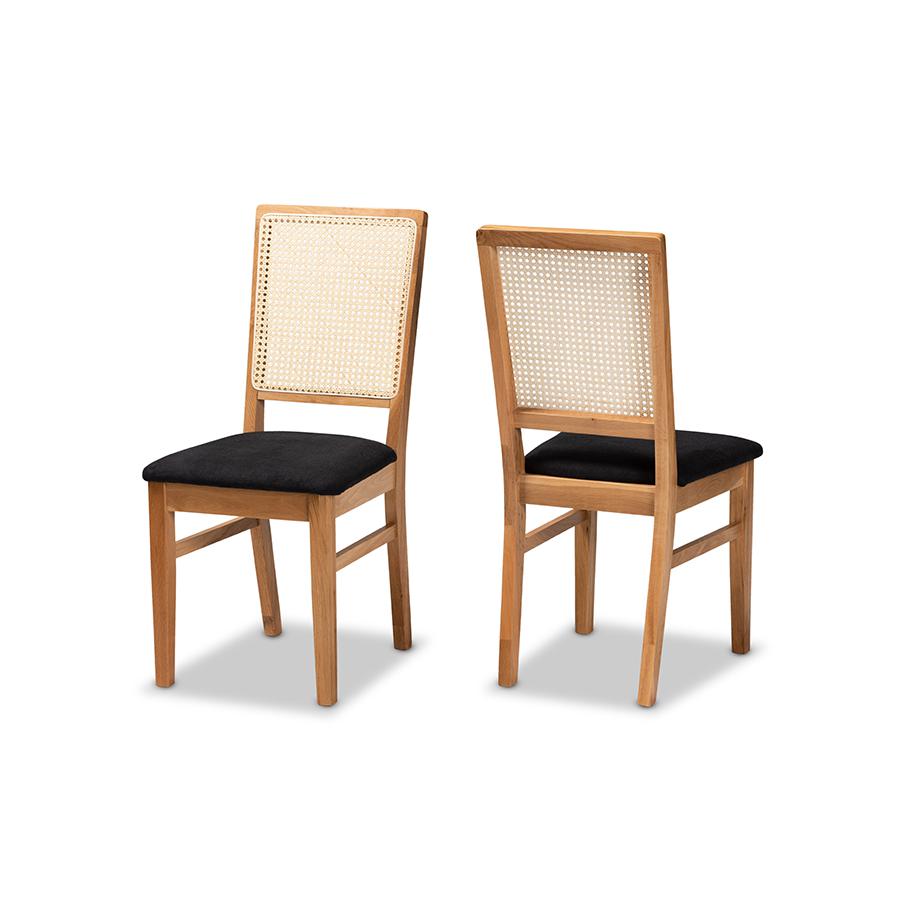 Baxton Studio Idris Mid-Century Modern Black Fabric Upholstered and Oak brown Finished 2-Piece Rattan Dining Chair Set | Dining Chairs | Modishstore