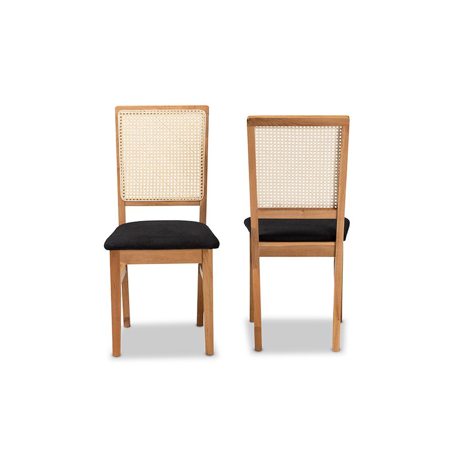 Baxton Studio Idris Mid-Century Modern Black Fabric Upholstered and Oak brown Finished 2-Piece Rattan Dining Chair Set | Dining Chairs | Modishstore - 2