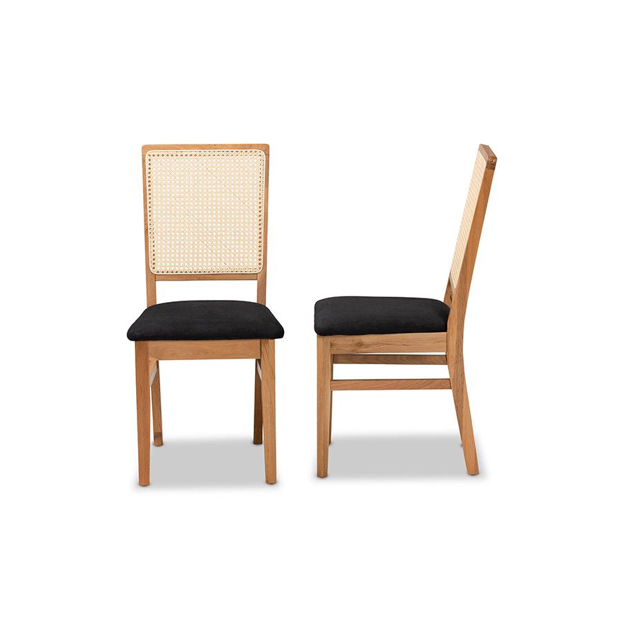 Baxton Studio Idris Mid-Century Modern Black Fabric Upholstered and Oak brown Finished 2-Piece Rattan Dining Chair Set | Dining Chairs | Modishstore - 3