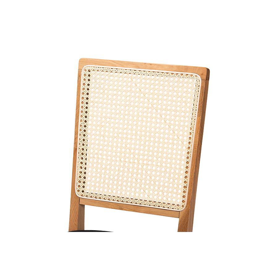 Baxton Studio Idris Mid-Century Modern Black Fabric Upholstered and Oak brown Finished 2-Piece Rattan Dining Chair Set | Dining Chairs | Modishstore - 4