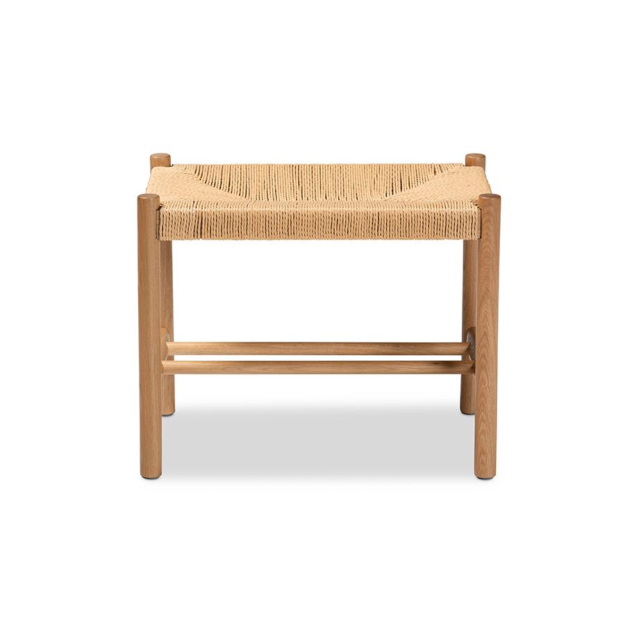 Baxton Studio Saura Mid-Century Modern Oak Brown Finished Wood and Hemp Accent Bench | Benches | Modishstore - 2