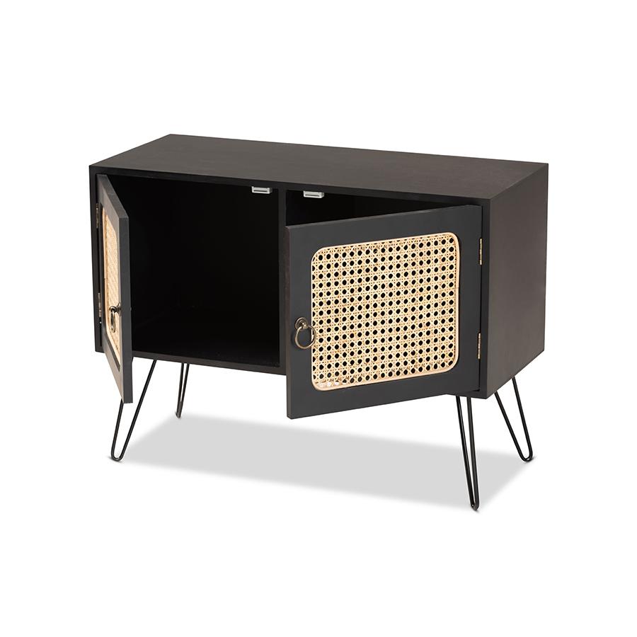 Baxton Studio Davion Mid-Century Modern Espresso Brown Finished Wood and Black Metal 2-Door Sideboard Buffet with Rattan | Sideboards | Modishstore - 2