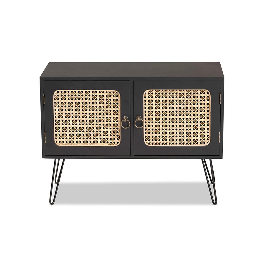 Baxton Studio Davion Mid-Century Modern Espresso Brown Finished Wood and Black Metal 2-Door Sideboard Buffet with Rattan | Sideboards | Modishstore - 3