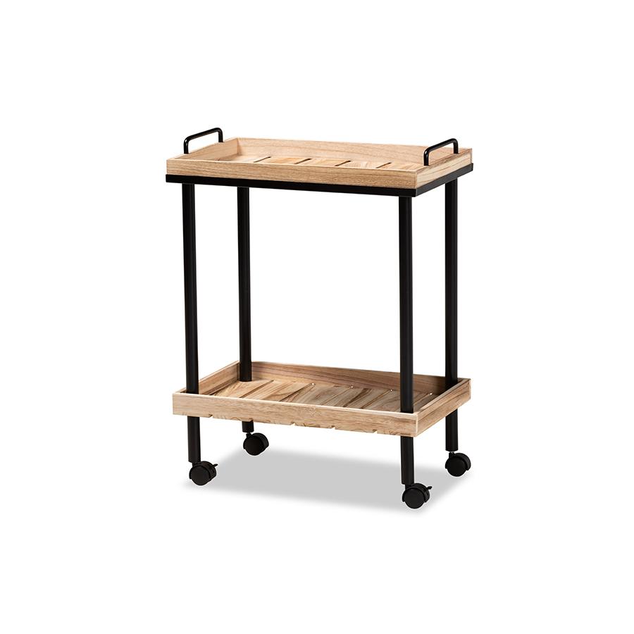 Baxton Studio Olinda Modern and Contemporary Oak Brown Finished Wood and Black Metal Kitchen Cart | Bar Carts | Modishstore - 3