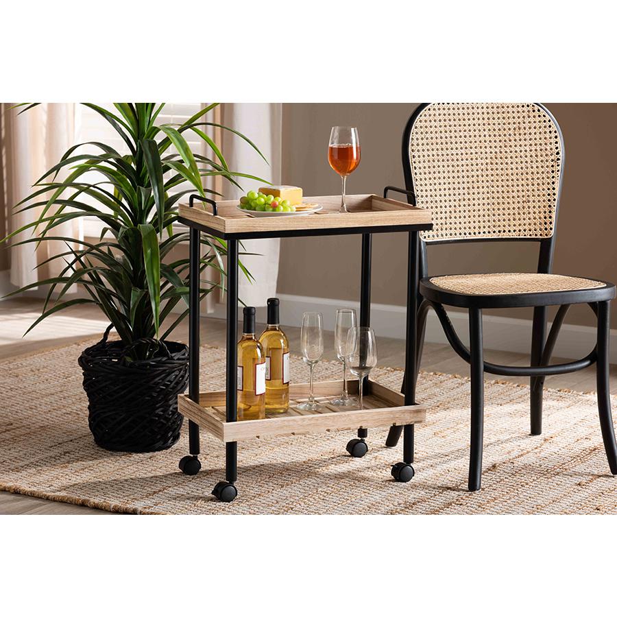 Baxton Studio Olinda Modern and Contemporary Oak Brown Finished Wood and Black Metal Kitchen Cart | Bar Carts | Modishstore - 2