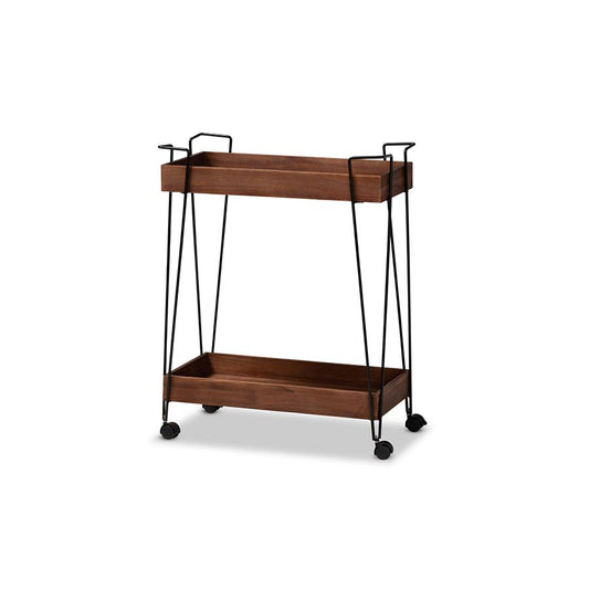 Baxton Studio Reynard Modern and Industrial Walnut Brown Finished Wood and Black Metal 2-Tier Wine Cart | Bar Carts | Modishstore