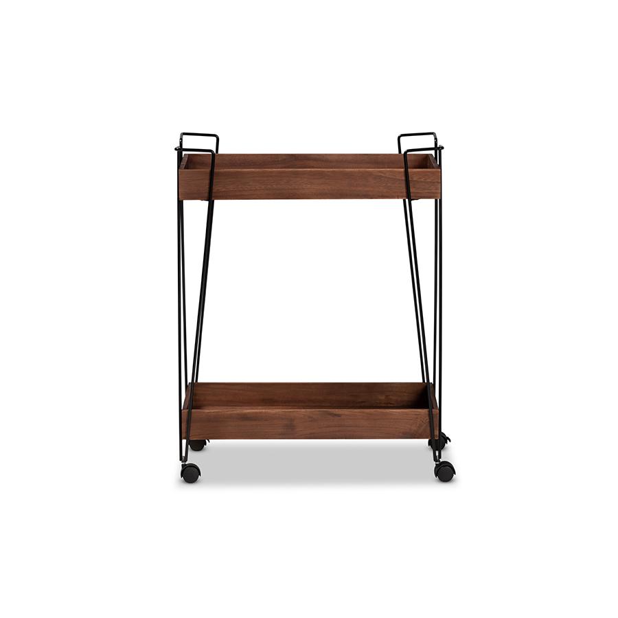 Baxton Studio Reynard Modern and Industrial Walnut Brown Finished Wood and Black Metal 2-Tier Wine Cart | Bar Carts | Modishstore - 2