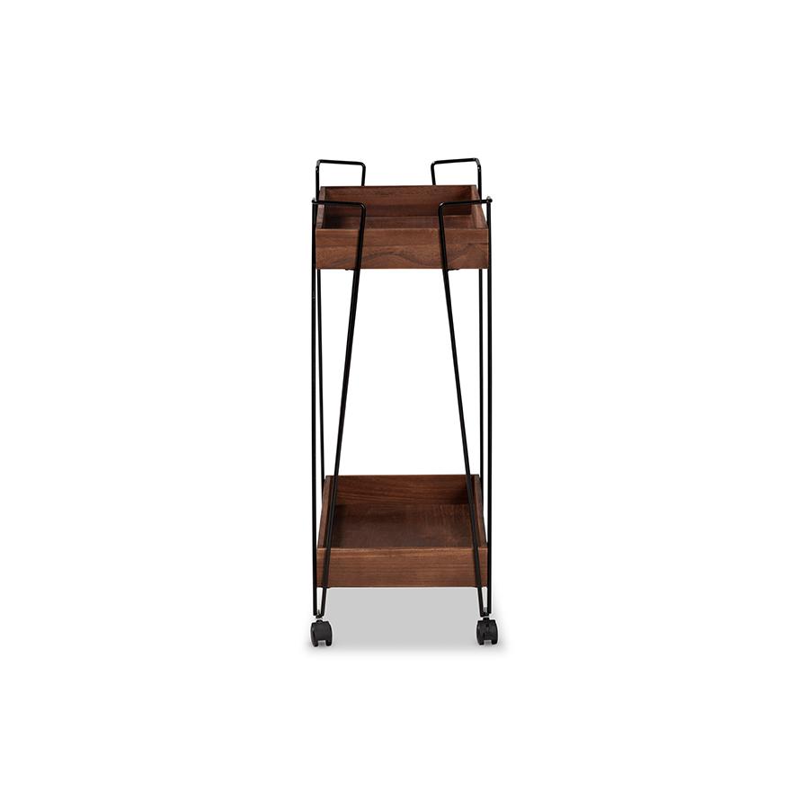 Baxton Studio Reynard Modern and Industrial Walnut Brown Finished Wood and Black Metal 2-Tier Wine Cart | Bar Carts | Modishstore - 3