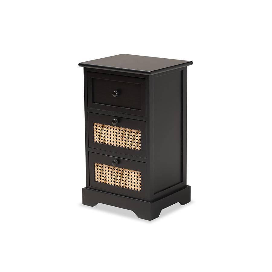 Baxton Studio Dacey Mid-Century Modern Transitional Espresso Brown Finished Wood and Rattan 3-Drawer Storage Cabinet | Cabinets | Modishstore - 2