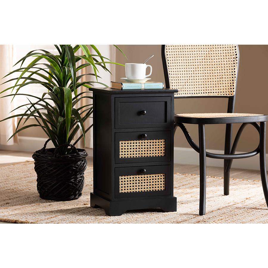Baxton Studio Dacey Mid-Century Modern Transitional Espresso Brown Finished Wood and Rattan 3-Drawer Storage Cabinet | Cabinets | Modishstore - 3