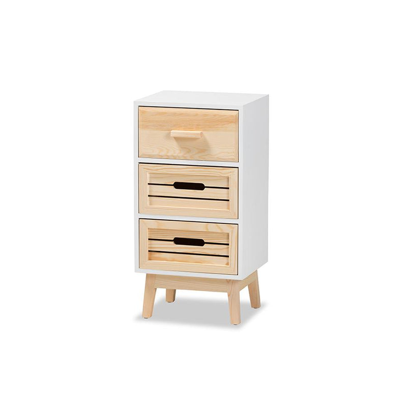 Baxton Studio Kalida Mid-Century Modern Two-Tone White and Oak Brown Finished Wood 3-Drawer Storage Cabinet | Cabinets | Modishstore