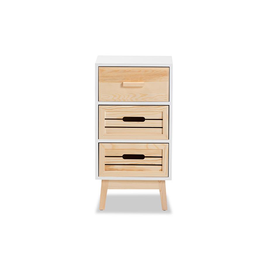 Baxton Studio Kalida Mid-Century Modern Two-Tone White and Oak Brown Finished Wood 3-Drawer Storage Cabinet | Cabinets | Modishstore - 4