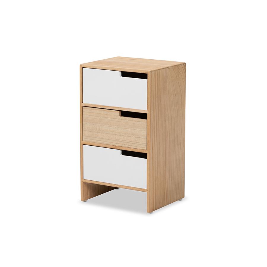 Baxton Studio Eben Modern and Contmeporary Two-Tone White and Oak Brown Finished Wood 3-Drawer Storage Cabinet | Cabinets | Modishstore