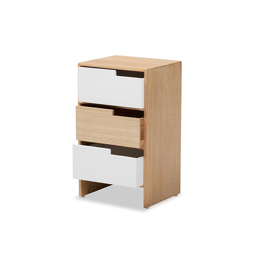Baxton Studio Eben Modern and Contmeporary Two-Tone White and Oak Brown Finished Wood 3-Drawer Storage Cabinet | Cabinets | Modishstore - 2
