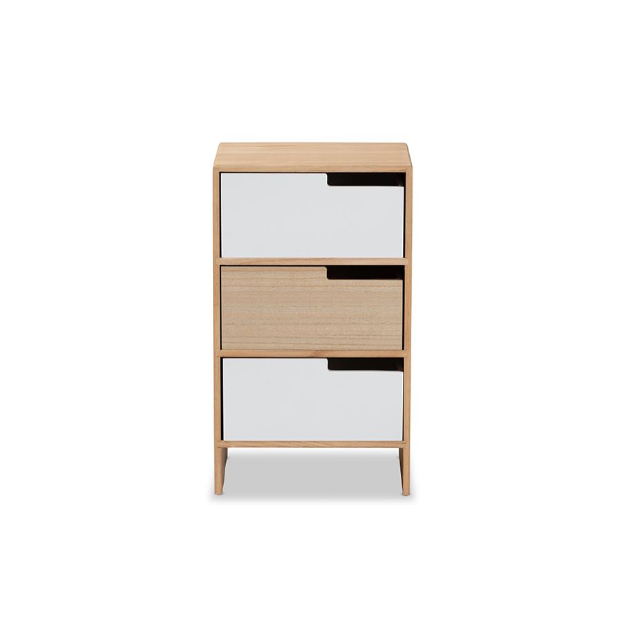 Baxton Studio Eben Modern and Contmeporary Two-Tone White and Oak Brown Finished Wood 3-Drawer Storage Cabinet | Cabinets | Modishstore - 3