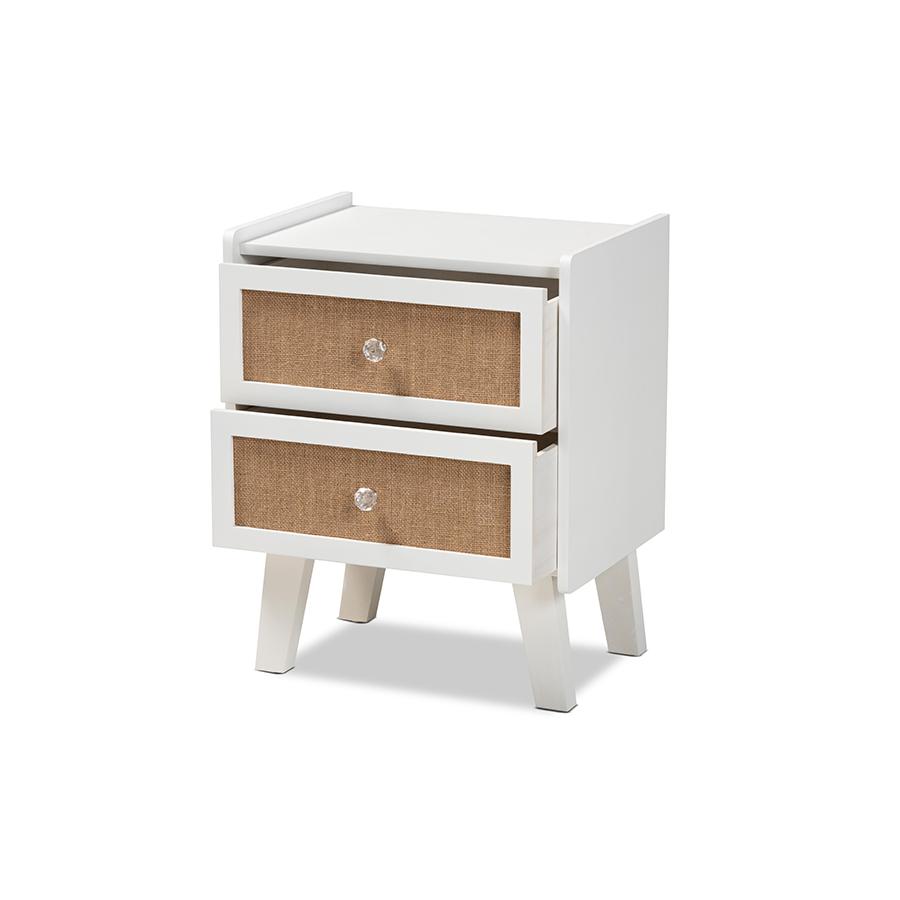 Baxton Studio Balta Mid-Century Modern Transitional Oak Brown Rattan and White Finished Wood 2-Drawer Nightstand | Nightstands | Modishstore - 2