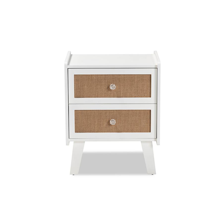 Baxton Studio Balta Mid-Century Modern Transitional Oak Brown Rattan and White Finished Wood 2-Drawer Nightstand | Nightstands | Modishstore - 3