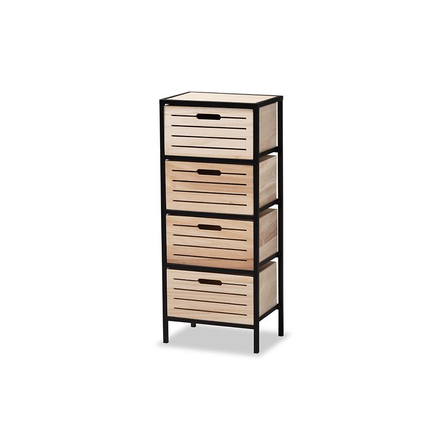Baxton Studio Gelsey Modern Industrial Oak Brown Finished Wood and Black Metal 4-Drawer Storage Cabinet | Cabinets | Modishstore