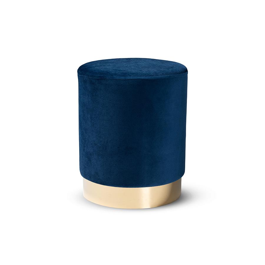 Baxton Studio Chaela Contemporary Glam and Luxe Navy Blue Velvet Fabric Upholstered and Gold Finished Metal Ottoman | Ottomans | Modishstore